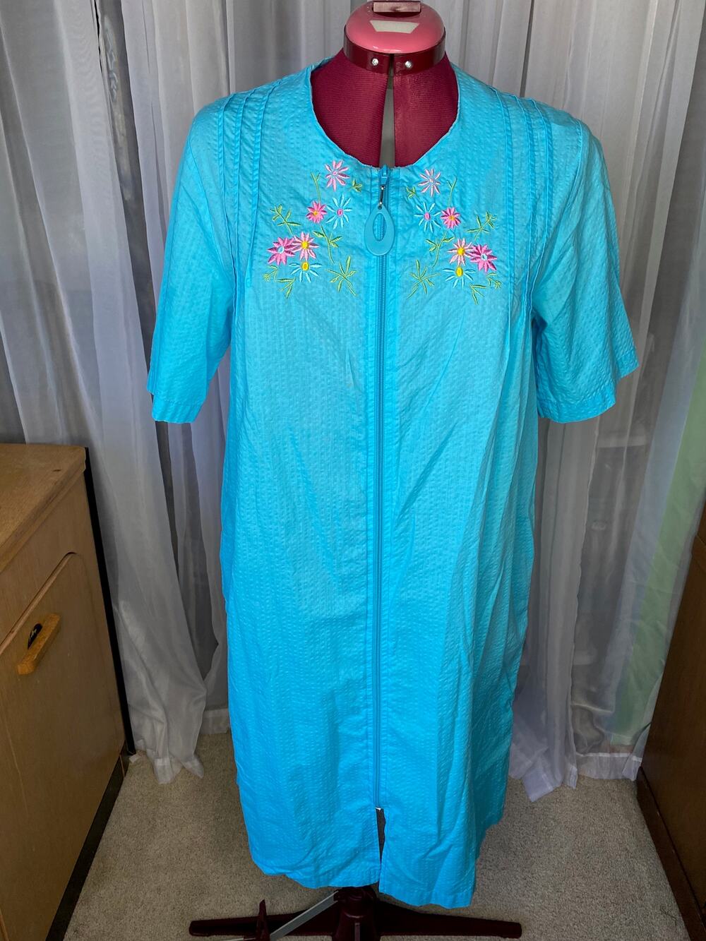 house dress duster embroidered collar front zipper blue